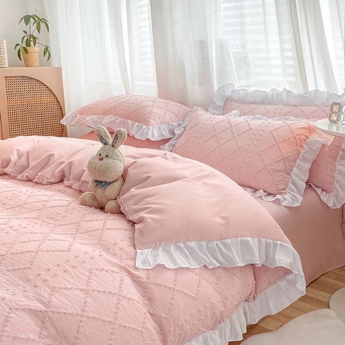 91家纺网 家纺一手货源 找家纺 澳梵家居2022新款韩式立体剪花小清新水洗全棉四件套泡芙粉玉