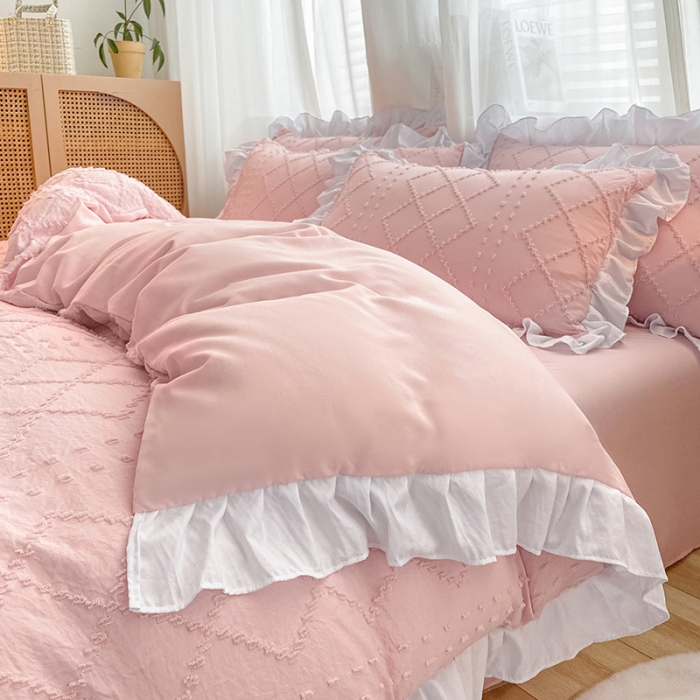 91家纺网 家纺一手货源 找家纺 澳梵家居2022新款韩式立体剪花小清新水洗全棉四件套泡芙粉玉