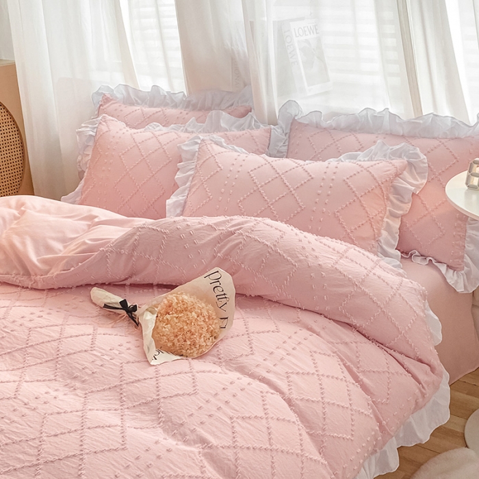 91家纺网 家纺一手货源 找家纺 澳梵家居2022新款韩式立体剪花小清新水洗全棉四件套泡芙粉玉