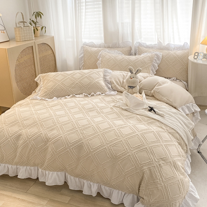 91家纺网 家纺一手货源 找家纺 澳梵家居2022新款韩式立体剪花小清新水洗全棉四件套泡芙卡其