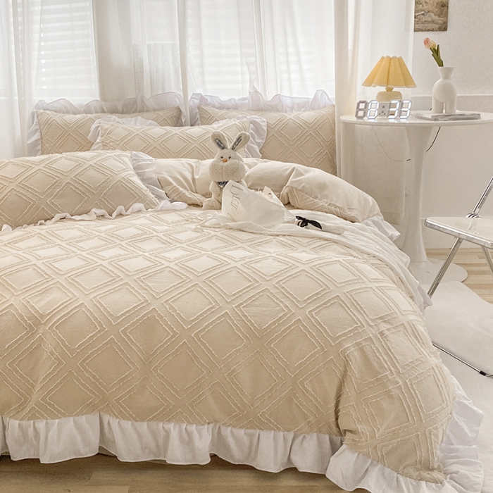 91家纺网 家纺一手货源 找家纺 澳梵家居2022新款韩式立体剪花小清新水洗全棉四件套泡芙卡其