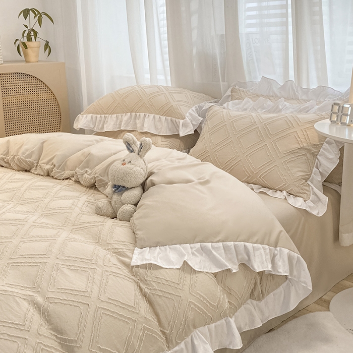 91家纺网 家纺一手货源 找家纺 澳梵家居2022新款韩式立体剪花小清新水洗全棉四件套泡芙卡其