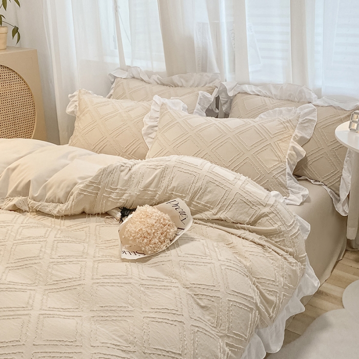 91家纺网 家纺一手货源 找家纺 澳梵家居2022新款韩式立体剪花小清新水洗全棉四件套泡芙卡其