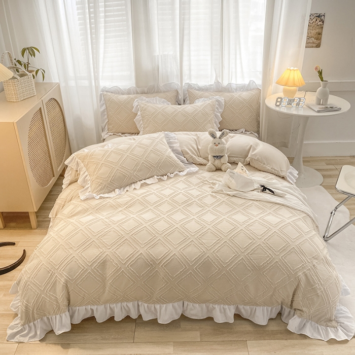 91家纺网 家纺一手货源 找家纺 澳梵家居2022新款韩式立体剪花小清新水洗全棉四件套泡芙卡其