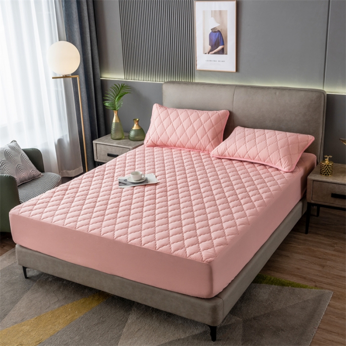 91家纺网 家纺一手货源 找家纺 雯豆2022新款磨毛夹棉防水床笠单件席纯色防水透气床罩厚款  青春粉