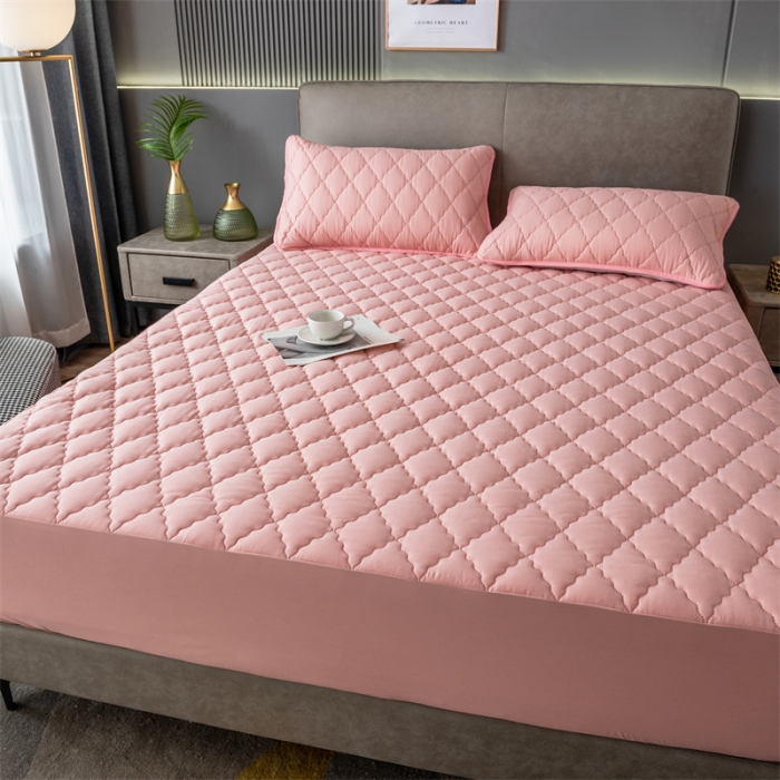 91家纺网 家纺一手货源 找家纺 雯豆2022新款磨毛夹棉防水床笠单件席纯色防水透气床罩厚款  青春粉