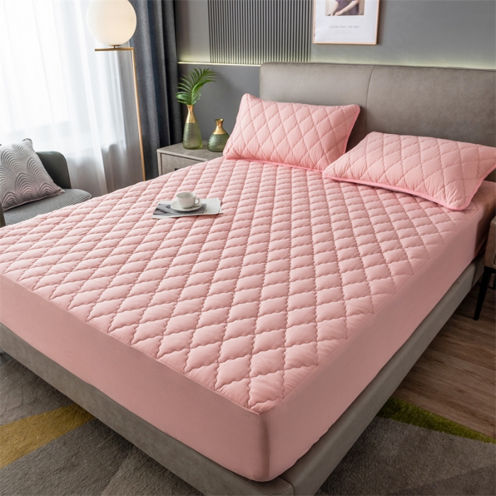 91家纺网 家纺一手货源 找家纺 雯豆2022新款磨毛夹棉防水床笠单件席纯色防水透气床罩厚款  青春粉