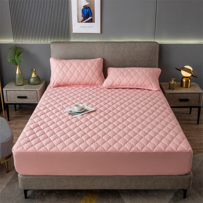 91家纺网 家纺一手货源 找家纺 雯豆2022新款磨毛夹棉防水床笠单件席纯色防水透气床罩厚款  青春粉