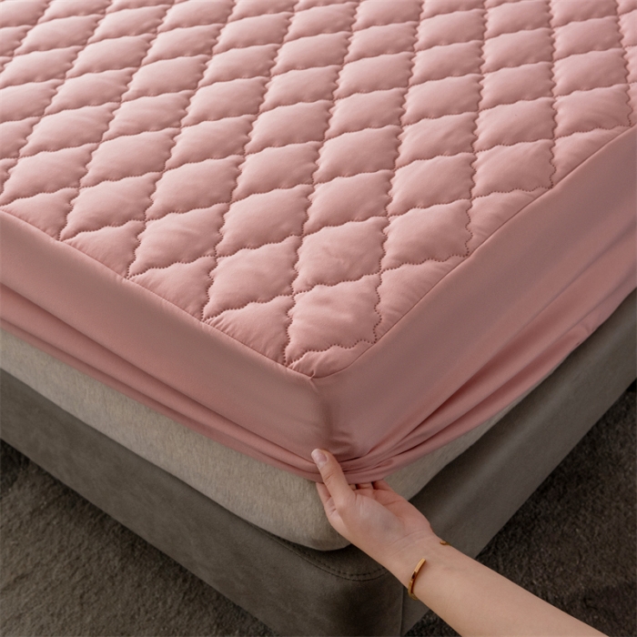 91家纺网 家纺一手货源 找家纺 雯豆2022新款磨毛夹棉防水床笠单件席纯色防水透气床罩厚款  青春粉