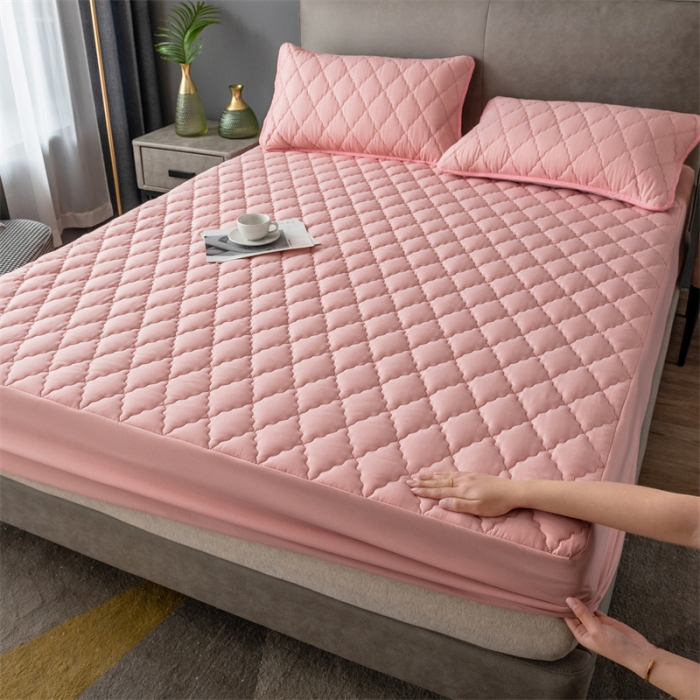 91家纺网 家纺一手货源 找家纺 雯豆2022新款磨毛夹棉防水床笠单件席纯色防水透气床罩厚款  青春粉