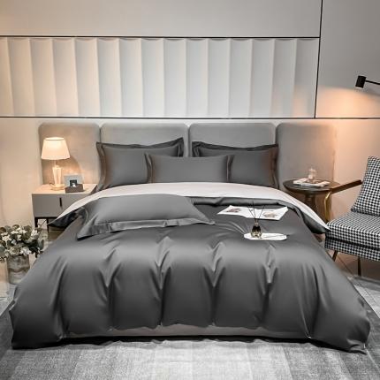 91家纺网 家纺一手货源 找家纺 总）秀色2025新款轻奢50支贡缎纯色双拼四件套长绒棉套件