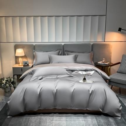 91家纺网 家纺一手货源 找家纺 总）秀色2025新款轻奢50支贡缎纯色双拼四件套长绒棉套件