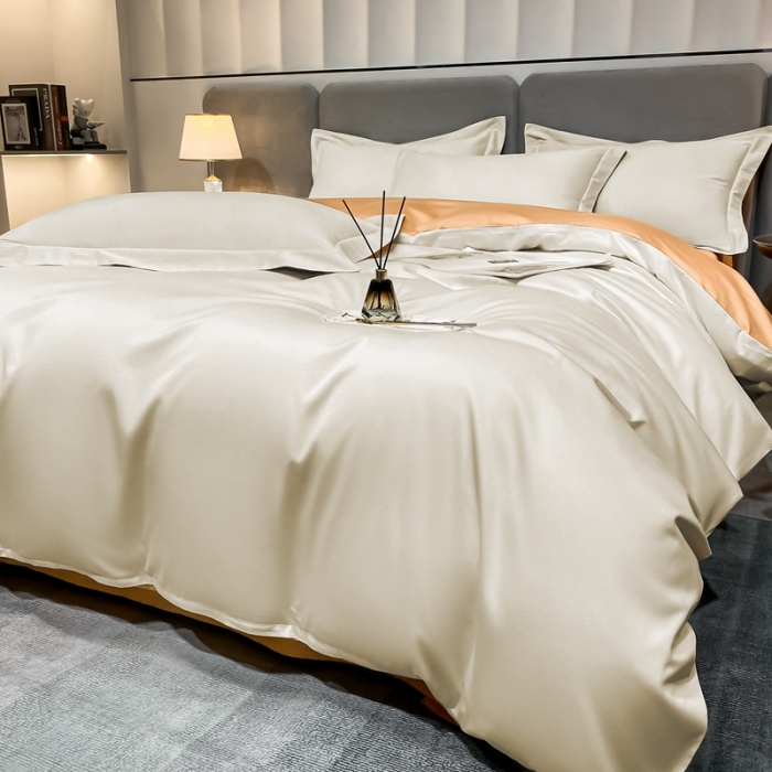 91家纺网 家纺一手货源 找家纺 总）秀色2025新款轻奢50支贡缎纯色双拼四件套长绒棉套件