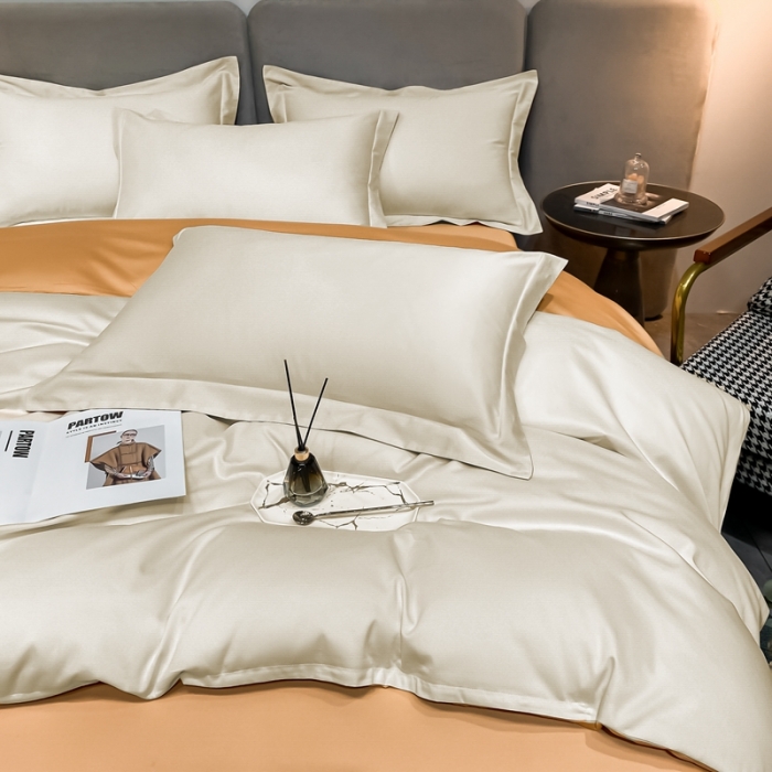 91家纺网 家纺一手货源 找家纺 总）秀色2025新款轻奢50支贡缎纯色双拼四件套长绒棉套件