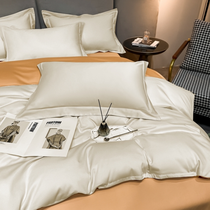 91家纺网 家纺一手货源 找家纺 总）秀色2025新款轻奢50支贡缎纯色双拼四件套长绒棉套件