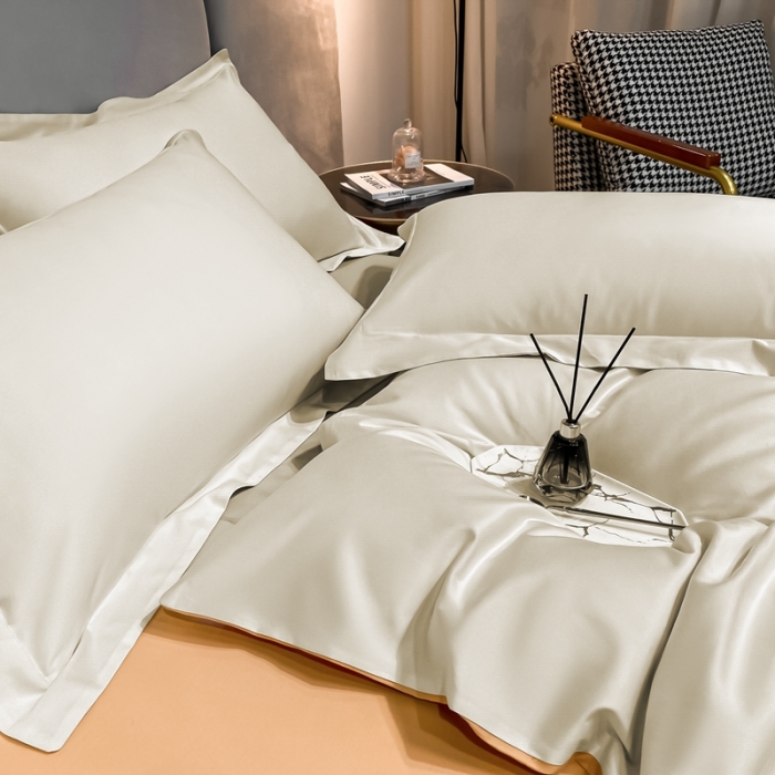 91家纺网 家纺一手货源 找家纺 总）秀色2025新款轻奢50支贡缎纯色双拼四件套长绒棉套件