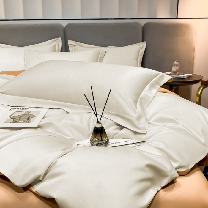 91家纺网 家纺一手货源 找家纺 总）秀色2025新款轻奢50支贡缎纯色双拼四件套长绒棉套件