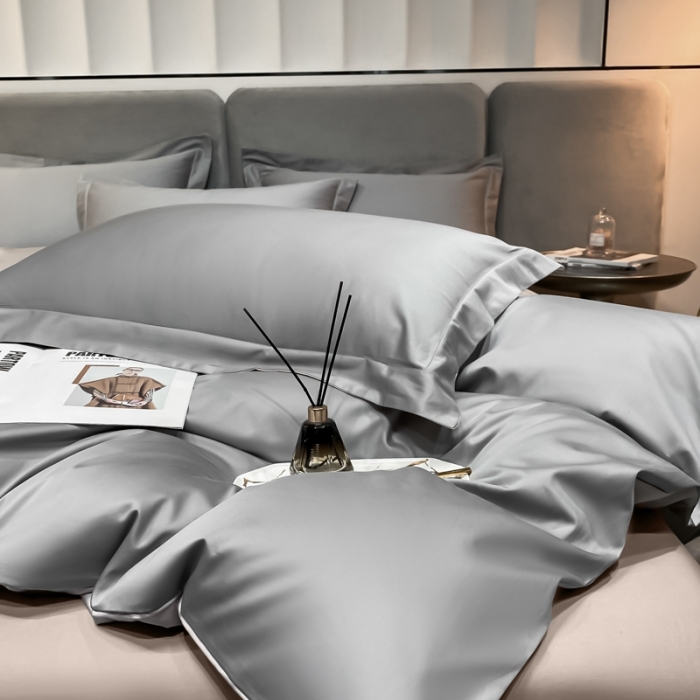 91家纺网 家纺一手货源 找家纺 秀色2025新款轻奢100支贡缎四件套 雅克-典雅灰／粉末白