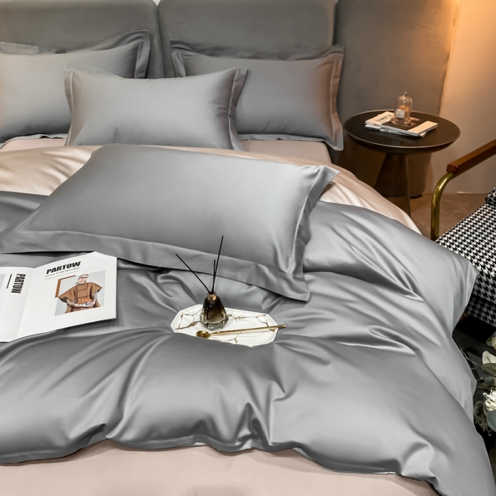 91家纺网 家纺一手货源 找家纺 秀色2025新款轻奢100支贡缎四件套 雅克-典雅灰／粉末白