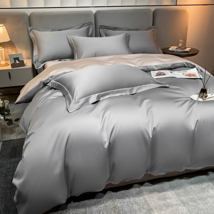 91家纺网 家纺一手货源 找家纺 秀色2025新款轻奢100支贡缎四件套 雅克-典雅灰／粉末白