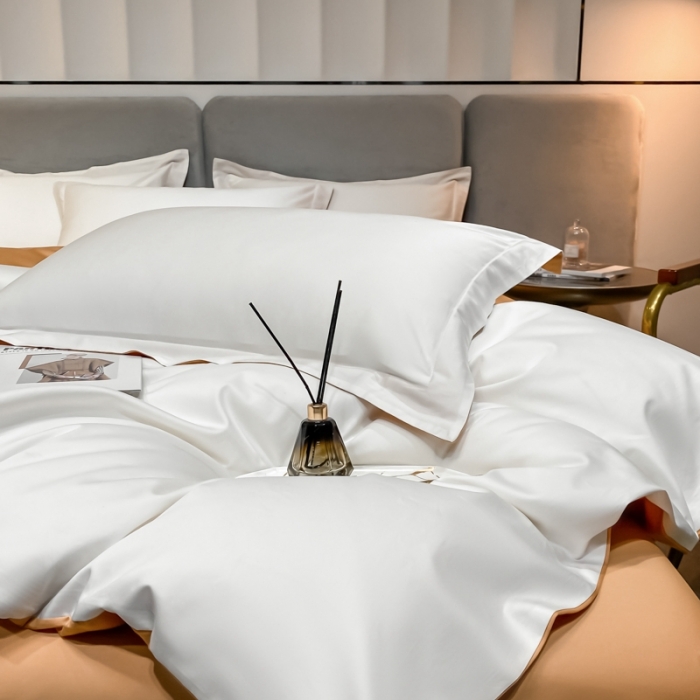 91家纺网 家纺一手货源 找家纺 秀色2025新款轻奢100支贡缎四件套 雅克-皓月白／南瓜桔