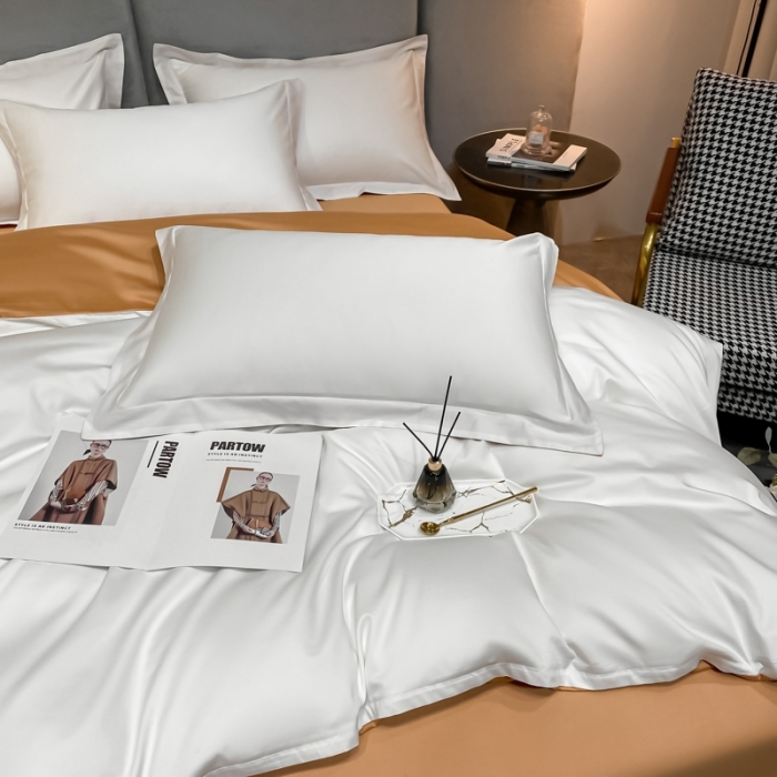 91家纺网 家纺一手货源 找家纺 秀色2025新款轻奢100支贡缎四件套 雅克-皓月白／南瓜桔