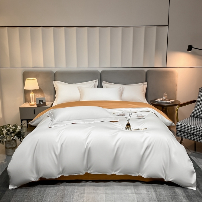 91家纺网 家纺一手货源 找家纺 秀色2025新款轻奢100支贡缎四件套 雅克-皓月白／南瓜桔