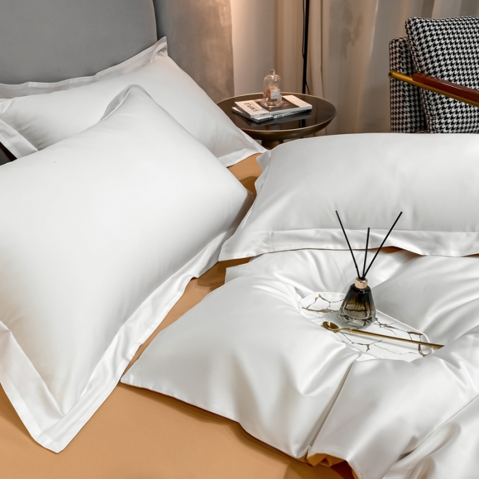 91家纺网 家纺一手货源 找家纺 秀色2025新款轻奢100支贡缎四件套 雅克-皓月白／南瓜桔