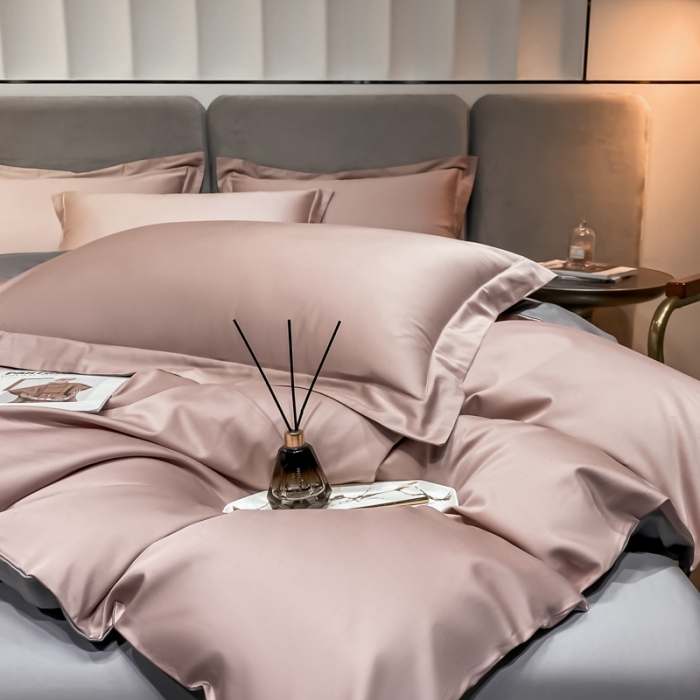 91家纺网 家纺一手货源 找家纺 秀色2025新款轻奢100支贡缎四件套 雅克-玉颜粉／典雅灰