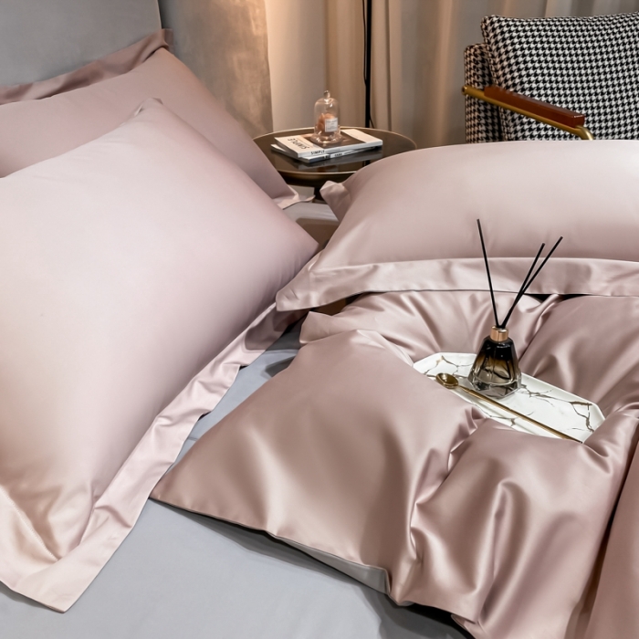 91家纺网 家纺一手货源 找家纺 秀色2025新款轻奢100支贡缎四件套 雅克-玉颜粉／典雅灰