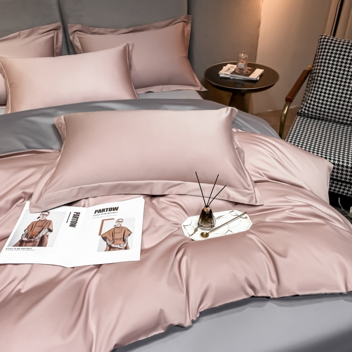 91家纺网 家纺一手货源 找家纺 秀色2025新款轻奢100支贡缎四件套 雅克-玉颜粉／典雅灰