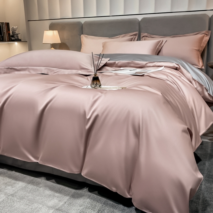 91家纺网 家纺一手货源 找家纺 秀色2025新款轻奢100支贡缎四件套 雅克-玉颜粉／典雅灰