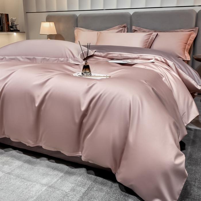 91家纺网 家纺一手货源 找家纺 秀色2025新款轻奢100支贡缎四件套 雅克-玉颜粉／香芋紫