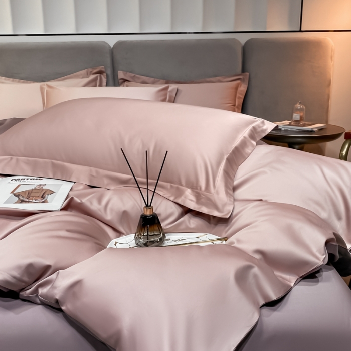 91家纺网 家纺一手货源 找家纺 秀色2025新款轻奢100支贡缎四件套 雅克-玉颜粉／香芋紫