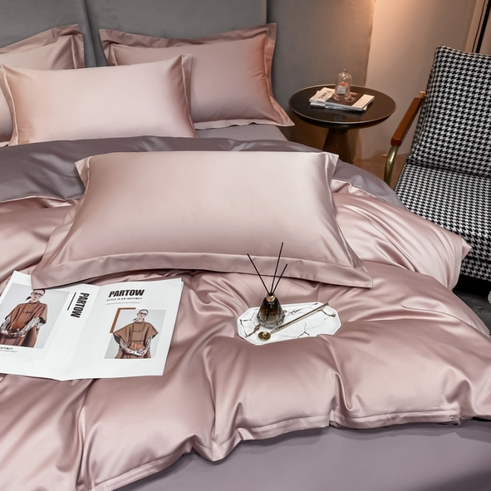 91家纺网 家纺一手货源 找家纺 秀色2025新款轻奢100支贡缎四件套 雅克-玉颜粉／香芋紫