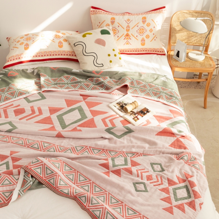 91家纺网 家纺一手货源 找家纺 朴尔家纺 2022年新品波西米亚风全棉四层纱布毛巾被 莱茵河畔