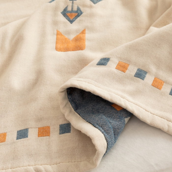 91家纺网 家纺一手货源 找家纺 朴尔家纺 2022年新品波西米亚风全棉四层纱布毛巾被 罗马假日-蓝