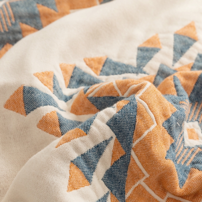 91家纺网 家纺一手货源 找家纺 朴尔家纺 2022年新品波西米亚风全棉四层纱布毛巾被 罗马假日-蓝