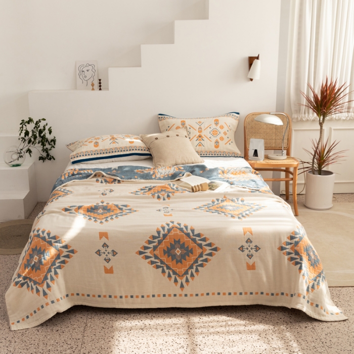 91家纺网 家纺一手货源 找家纺 朴尔家纺 2022年新品波西米亚风全棉四层纱布毛巾被 罗马假日-蓝