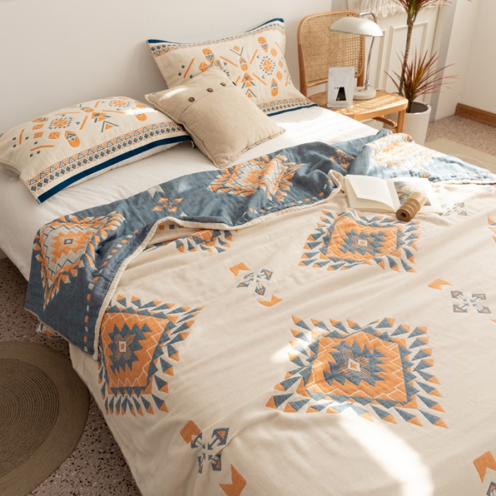 91家纺网 家纺一手货源 找家纺 朴尔家纺 2022年新品波西米亚风全棉四层纱布毛巾被 罗马假日-蓝