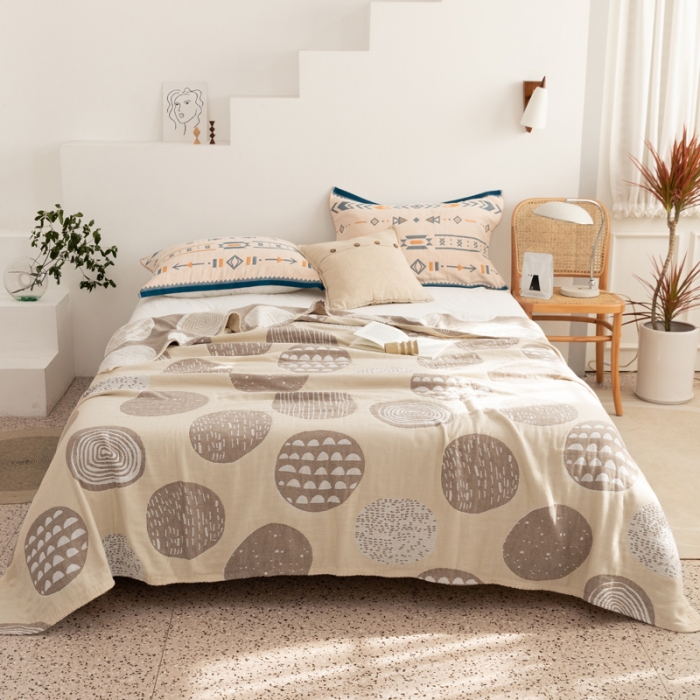 91家纺网 家纺一手货源 找家纺 朴尔家纺 2022年新品波西米亚风全棉四层纱布毛巾被 圈点人生-驼