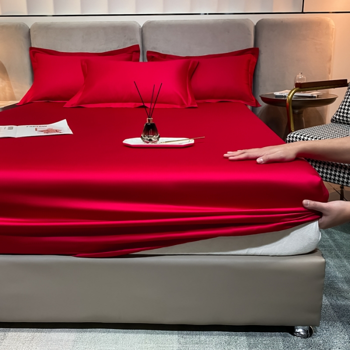 91家纺网 家纺一手货源 找家纺 秀色2025新100支贡缎长绒棉纯色单床笠单件 梦易-海棠红