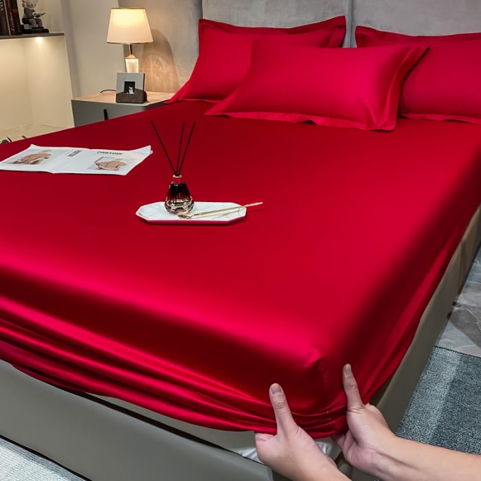 91家纺网 家纺一手货源 找家纺 秀色2025新100支贡缎长绒棉纯色单床笠单件 梦易-海棠红
