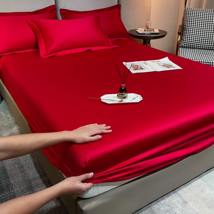 91家纺网 家纺一手货源 找家纺 秀色2025新100支贡缎长绒棉纯色单床笠单件 梦易-海棠红