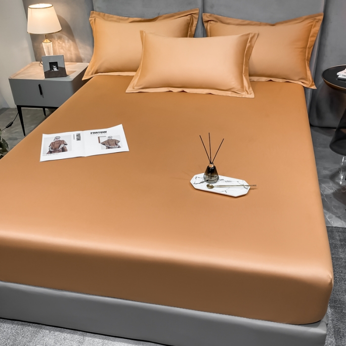 91家纺网 家纺一手货源 找家纺 秀色2025新100支贡缎长绒棉纯色单床笠单件 梦易-南瓜橘