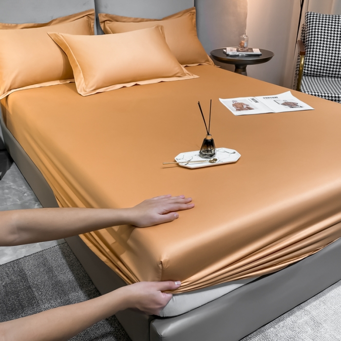 91家纺网 家纺一手货源 找家纺 秀色2025新100支贡缎长绒棉纯色单床笠单件 梦易-南瓜橘