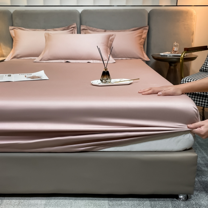 91家纺网 家纺一手货源 找家纺 秀色2025新100支贡缎长绒棉纯色单床笠单件 梦易-玉颜粉