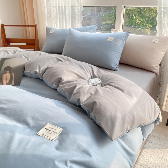 91家纺网 家纺一手货源 找家纺 （总）秀色2025小清新40支水洗全棉纯色双拼四件套ins风