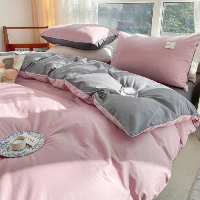 91家纺网 家纺一手货源 找家纺 秀色2025新款小清新40支水洗全棉纯色双拼四件套ins风 豆沙深灰