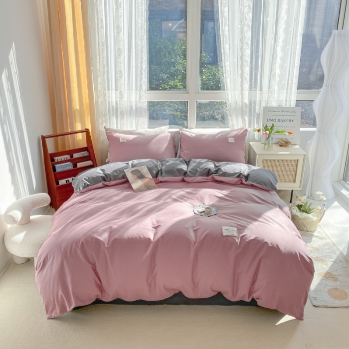 91家纺网 家纺一手货源 找家纺 秀色2025新款小清新40支水洗全棉纯色双拼四件套ins风 豆沙深灰